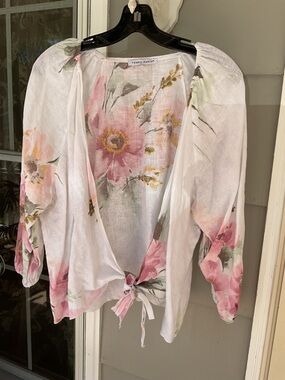 Tempo Paris 100% Linen Blouse Womens M/L Italy roses Balloon Sleeve Tie Front